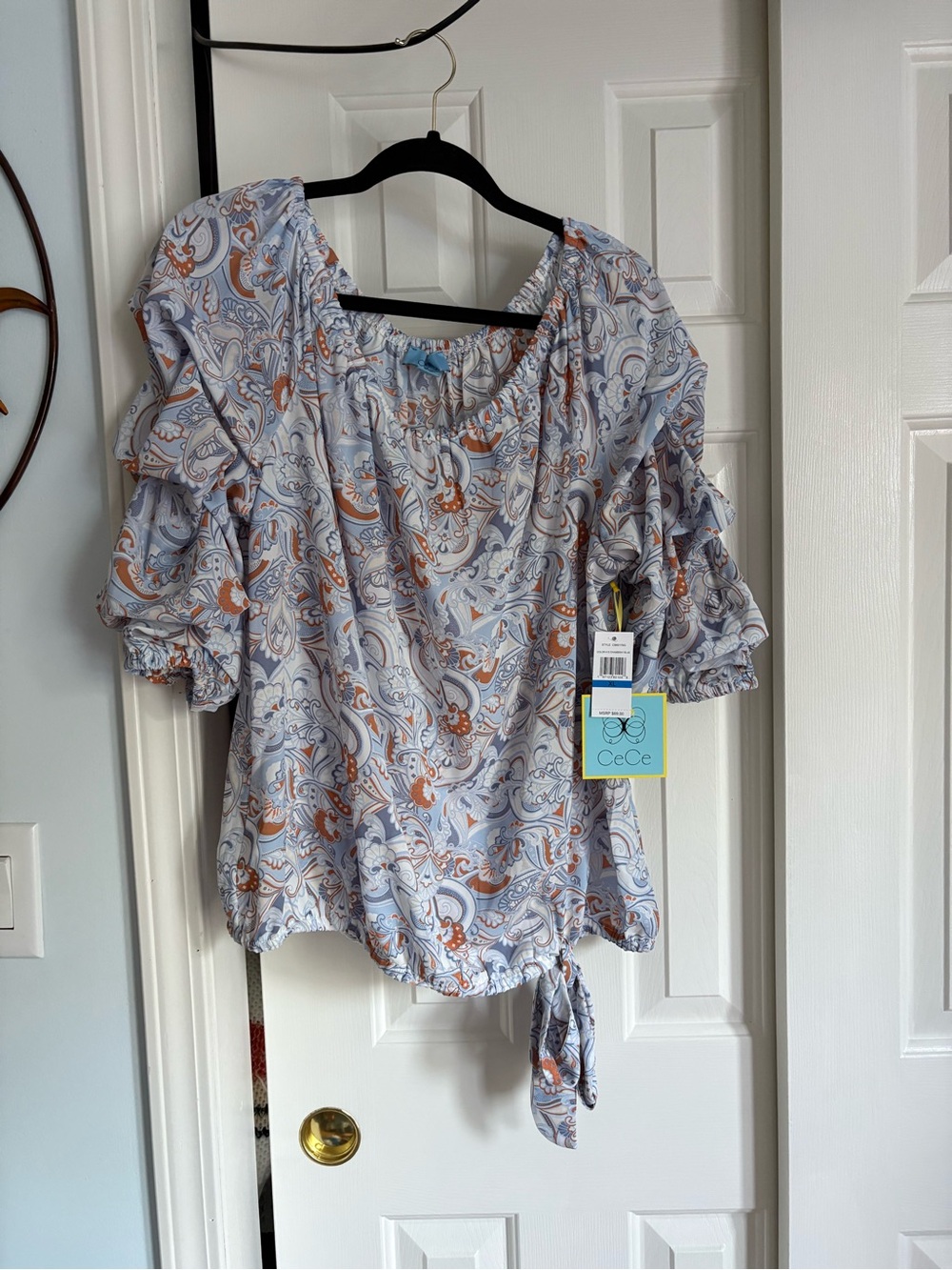 CeCe Light Blue Paisley Tie-Hem Peasant Blouse with Tan Accents